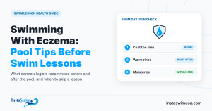 Light cover with a white skin care check card showing a water drop over a shield icon and three swim day steps, coat before, rinse after and moisturize within 3 minutes, beside the headline Swimming With Eczema: Pool Tips Before Swim Lessons